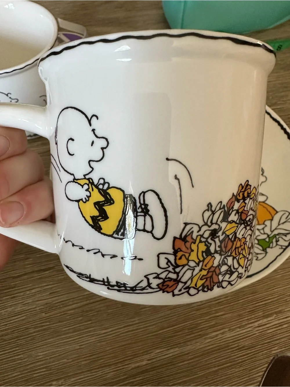 Two Pottery Barn Charlie Brown Leaf Ceramic Mug - White and Yellow